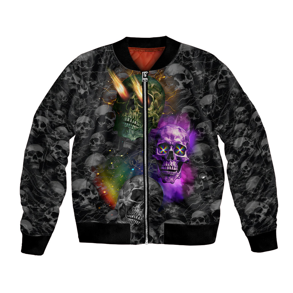 Black bomber jacket with front zipper and multicolor skull graphic, flame accents