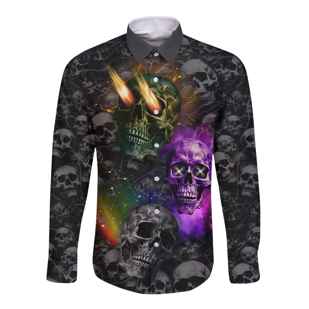 Long-sleeve button shirt with colorful skull graphic, black base, front button placket