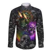 Long-sleeve button shirt with colorful skull graphic, black base, front button placket