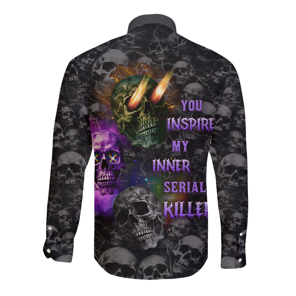 Long-sleeve button shirt with skull and neon text graphic, black base, full back print