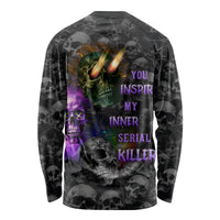 Unisex black long-sleeve shirt with skull graphic and vertical back text