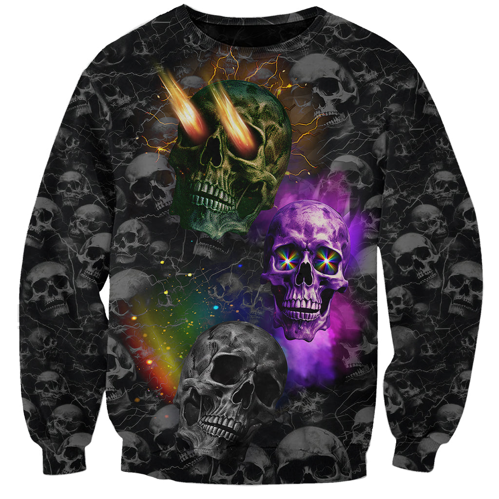 Unisex dark sweatshirt with colorful skull faces and glowing energy graphic