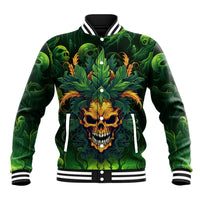 Green unisex baseball jacket with front skull and leaf flames, snap button placket