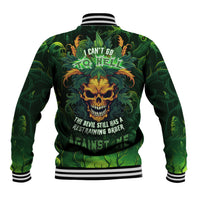 Green unisex baseball jacket with skull flaming graphic on back, striped ribbed cuffs