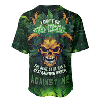Green baseball jersey with skull-and-leaves graphic and 'I Can’t Go to Hell' text