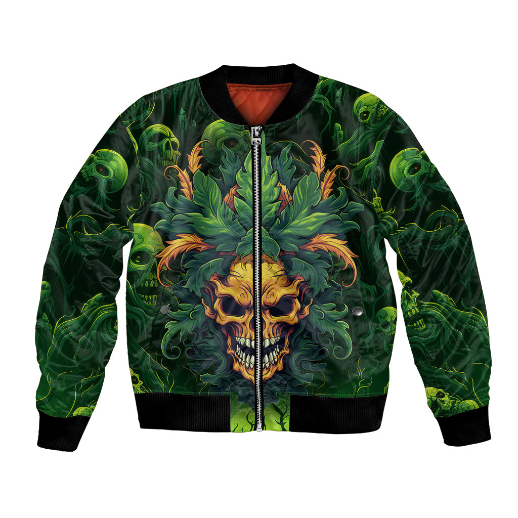 Green unisex bomber jacket with front skull-hell graphic, full zipper, ribbed cuffs