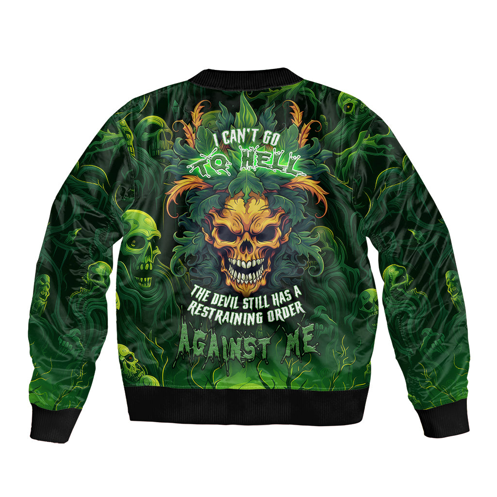 Green unisex bomber jacket with skull graphic and ribbed black collar and cuffs
