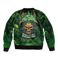 Green unisex bomber jacket with skull graphic and ribbed black collar and cuffs
