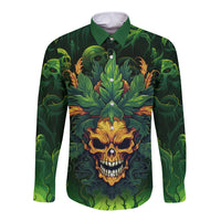 Green long-sleeve button shirt, front skull and flame graphic with leaf background