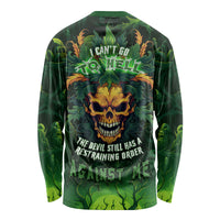 Green long-sleeve graphic shirt with devil skull and fiery flames front