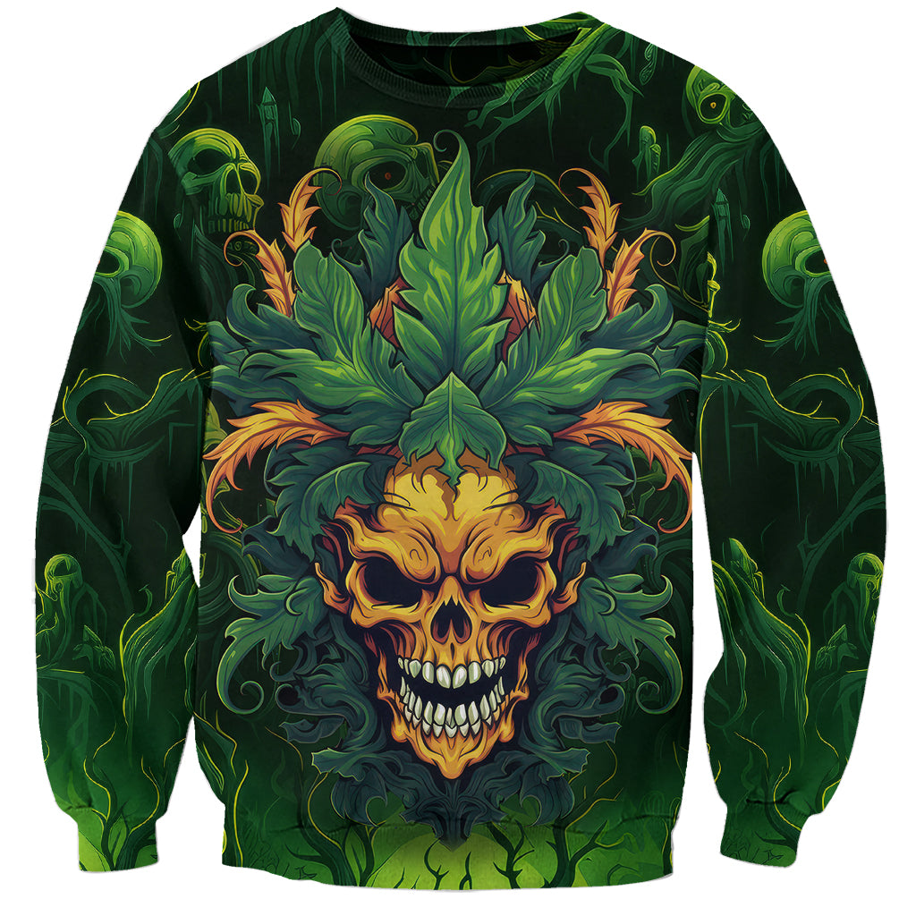 Unisex green sweatshirt with detailed flaming skull front graphic