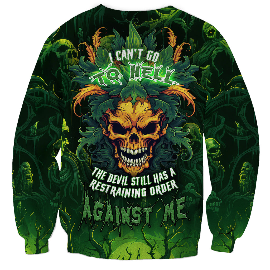 Unisex green sweatshirt with flaming skull graphic and restraining order text