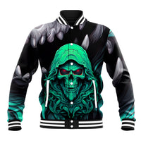 Black baseball jacket with teal skull front print, striped trim and snap buttons