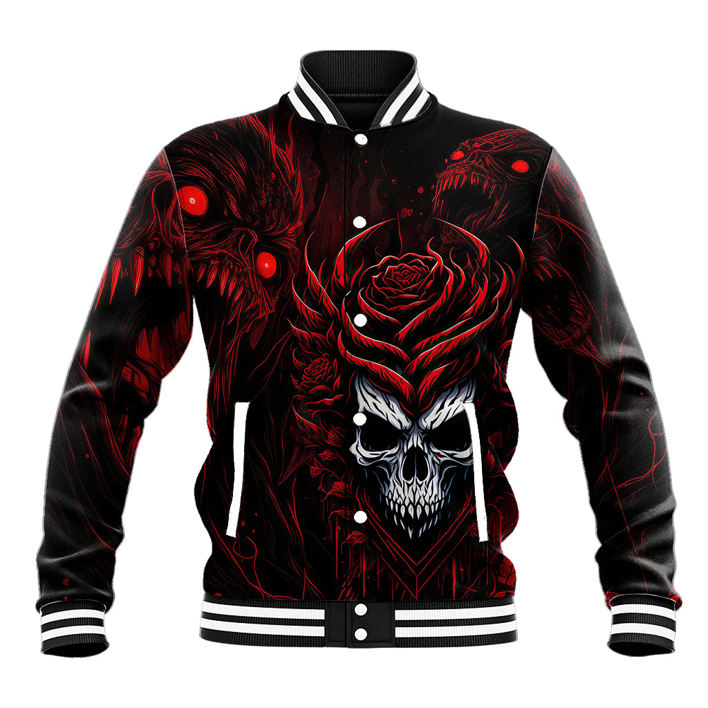 Black baseball jacket with red rose and skull front graphic; snap button placket, striped ribbing