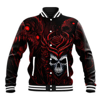 Black baseball jacket with red rose and skull front graphic; snap button placket, striped ribbing