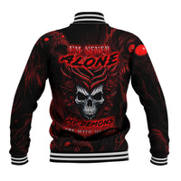 Black baseball jacket with red demon skull graphic on back; striped ribbed collar and cuffs