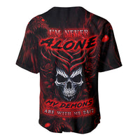 Black baseball jersey with red skull and demon wing graphic, front buttons.