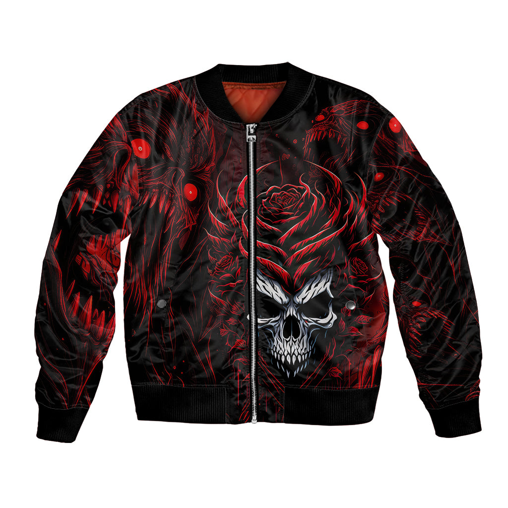 Unisex black bomber jacket with red rose-and-skull front graphic, full zip