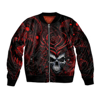 Unisex black bomber jacket with red rose-and-skull front graphic, full zip