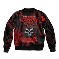 Unisex black bomber jacket with red skull graphic on back, ribbed cuffs