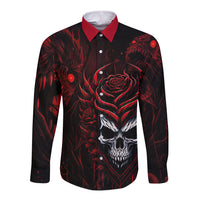 Black long-sleeve button shirt with red rose and skull graphic, button front