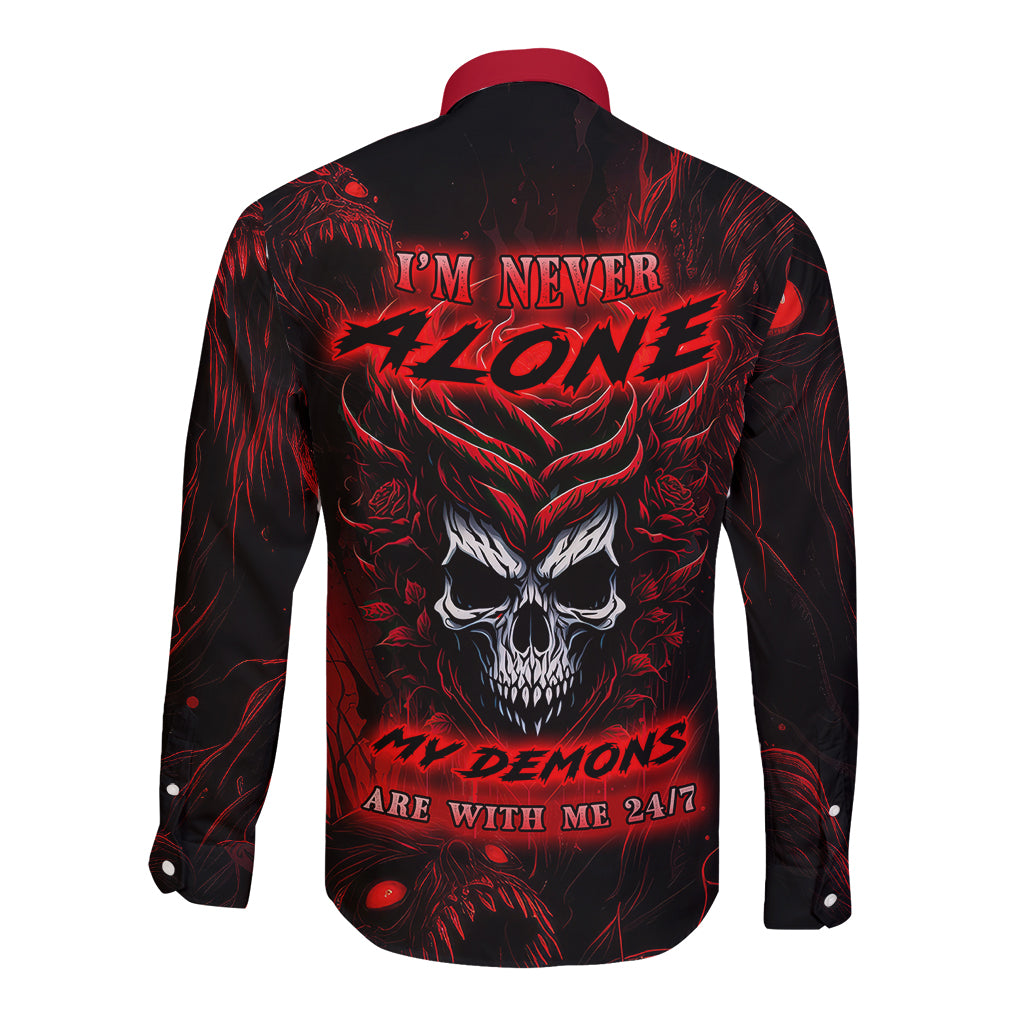 Black long-sleeve button shirt with red skull and demon graphic on back