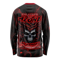 Long-sleeve black shirt with red demon skull and back graphic text
