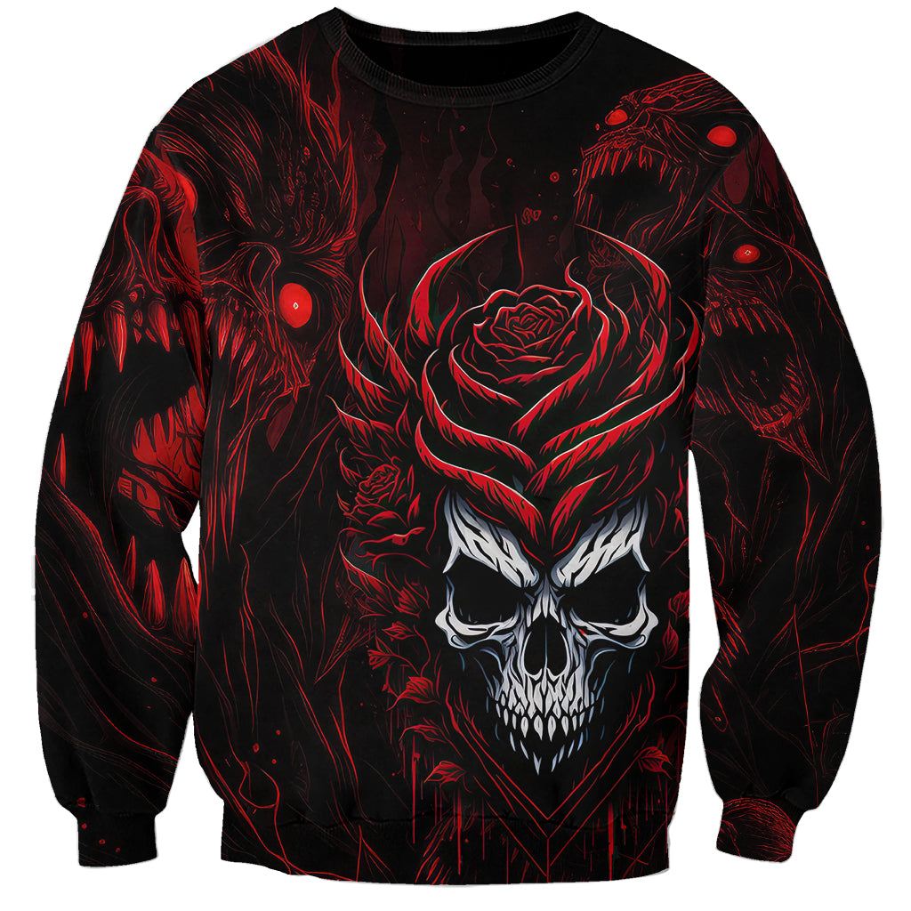 Black unisex sweatshirt with red rose and skull-demon graphic, crewneck, long sleeves
