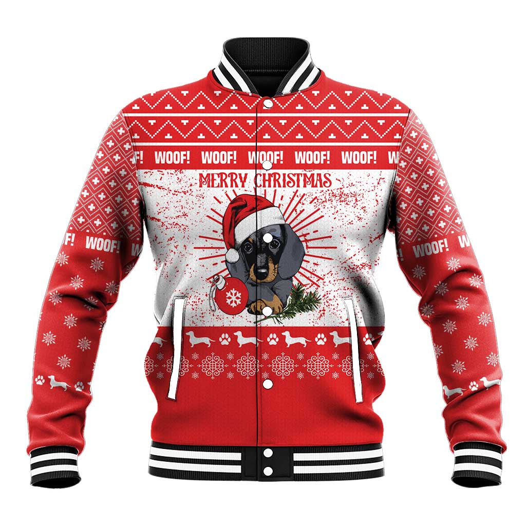 Christmas Dachshund Dog Baseball Jacket Santa Hat Woof Snowflake Paw Design - Wonder Print Shop