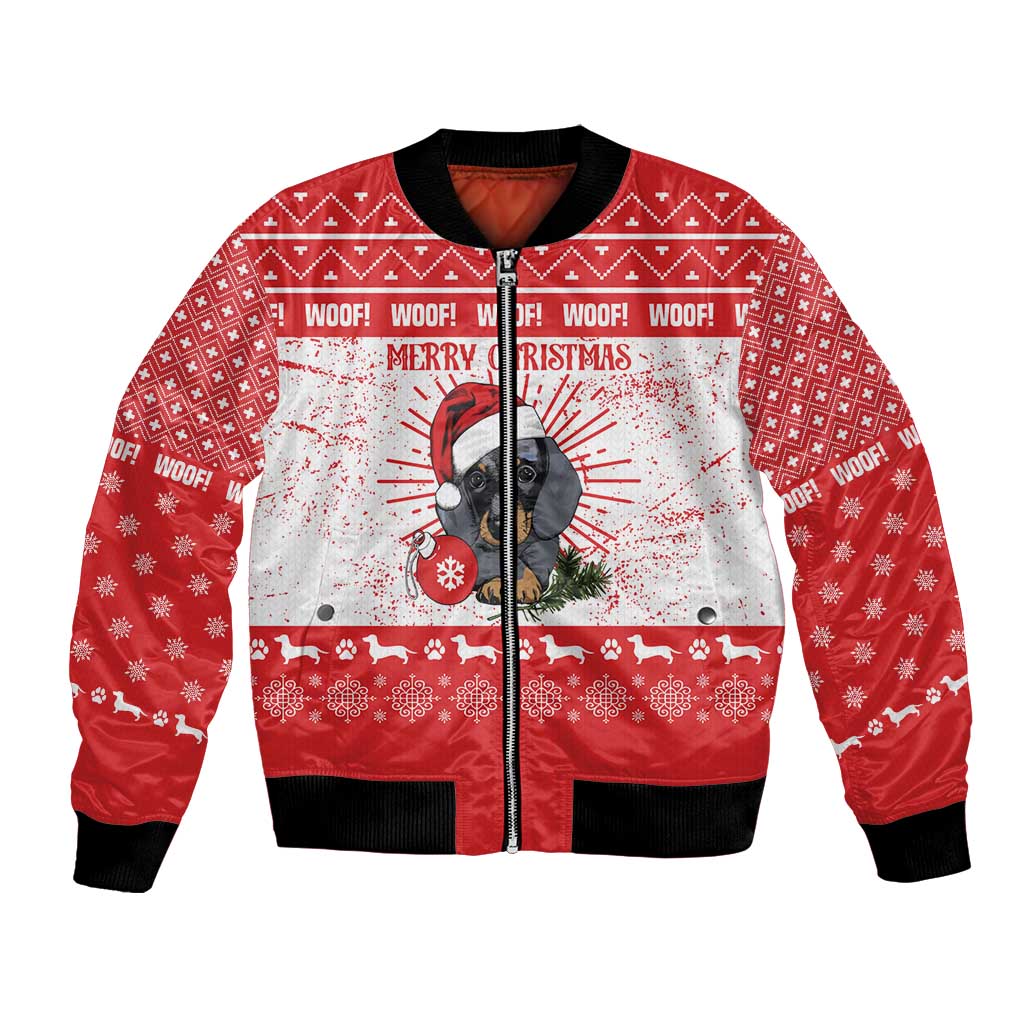 Christmas Dachshund Dog Bomber Jacket Santa Hat Woof Snowflake Paw Design - Wonder Print Shop