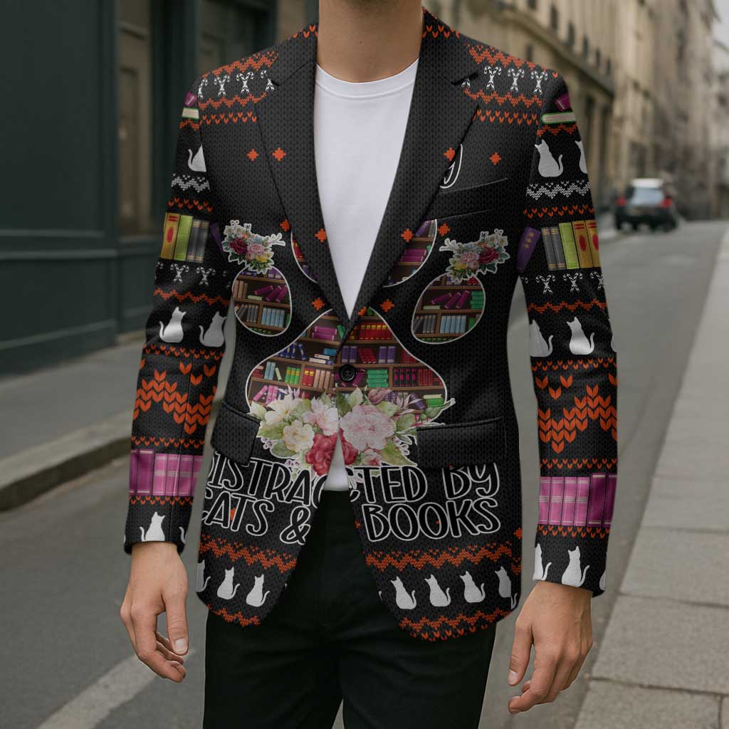 Cat And Books Christmas Blazer Xmas Holiday Patterns - Wonder Print Shop