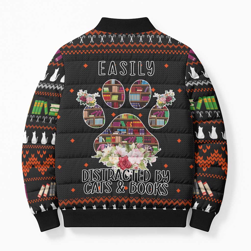 Cat And Books Christmas Bomber Puffer Jacket Xmas Holiday Patterns - Wonder Print Shop