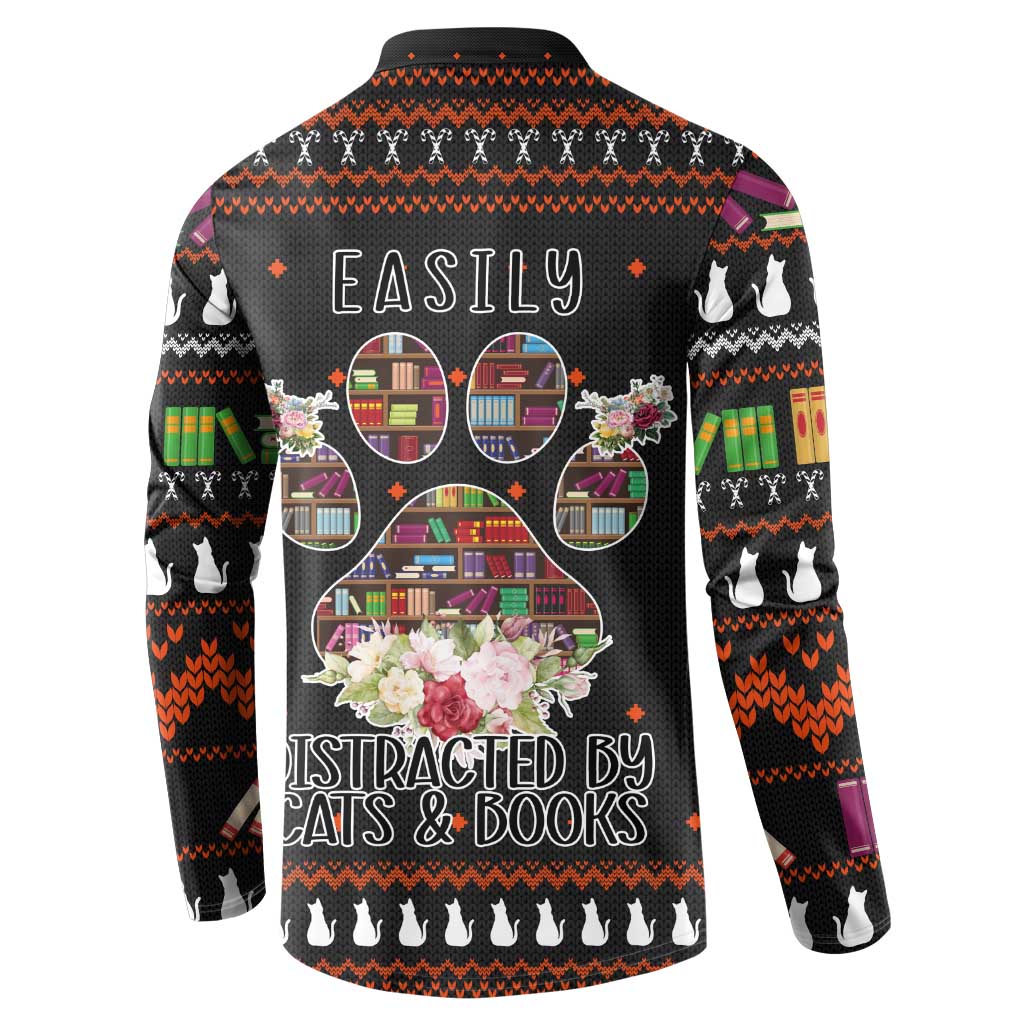 Cat And Books Christmas Button Sweatshirt Xmas Holiday Patterns - Wonder Print Shop