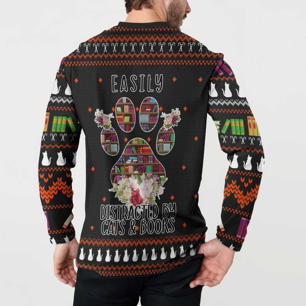 Cat And Books Christmas Button Sweatshirt Xmas Holiday Patterns - Wonder Print Shop