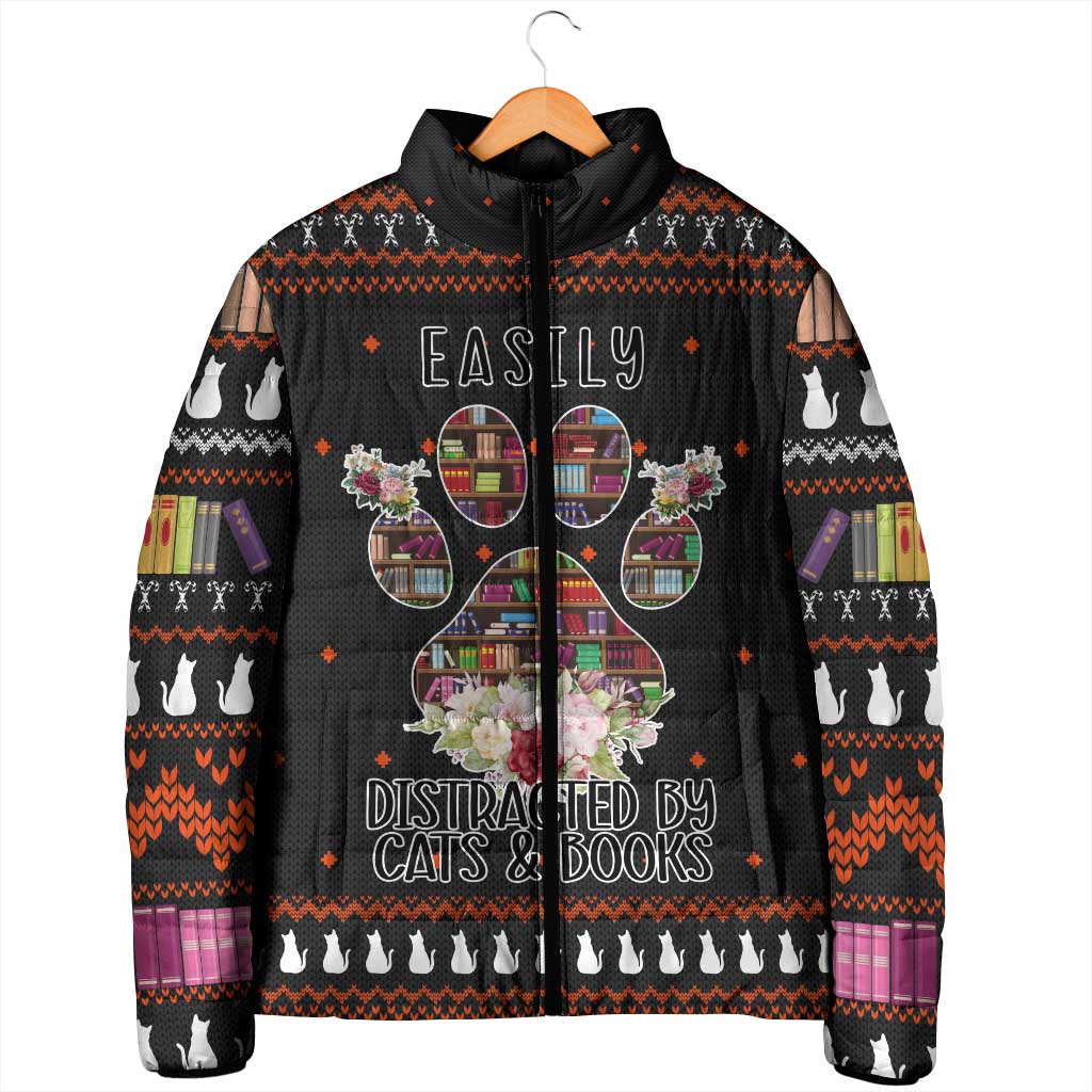 Cat And Books Christmas Padded Jacket Xmas Holiday Patterns - Wonder Print Shop