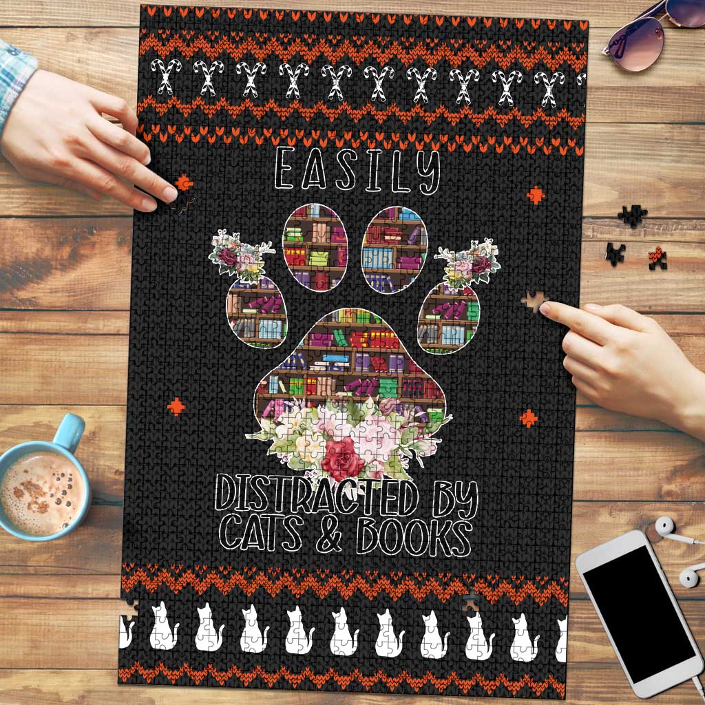 Cat And Books Christmas Puzzle Xmas Holiday Patterns - Wonder Print Shop