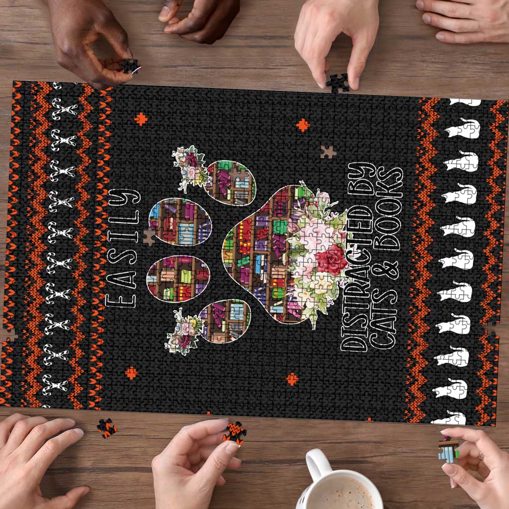 Cat And Books Christmas Puzzle Xmas Holiday Patterns - Wonder Print Shop