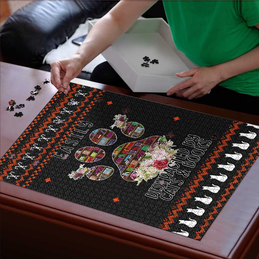 Cat And Books Christmas Puzzle Xmas Holiday Patterns - Wonder Print Shop