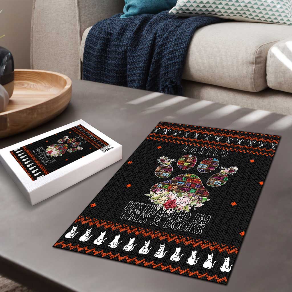 Cat And Books Christmas Puzzle Xmas Holiday Patterns - Wonder Print Shop