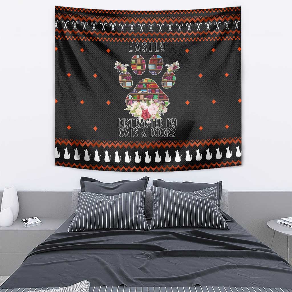 Cat And Books Christmas Tapestry Xmas Holiday Patterns - Wonder Print Shop