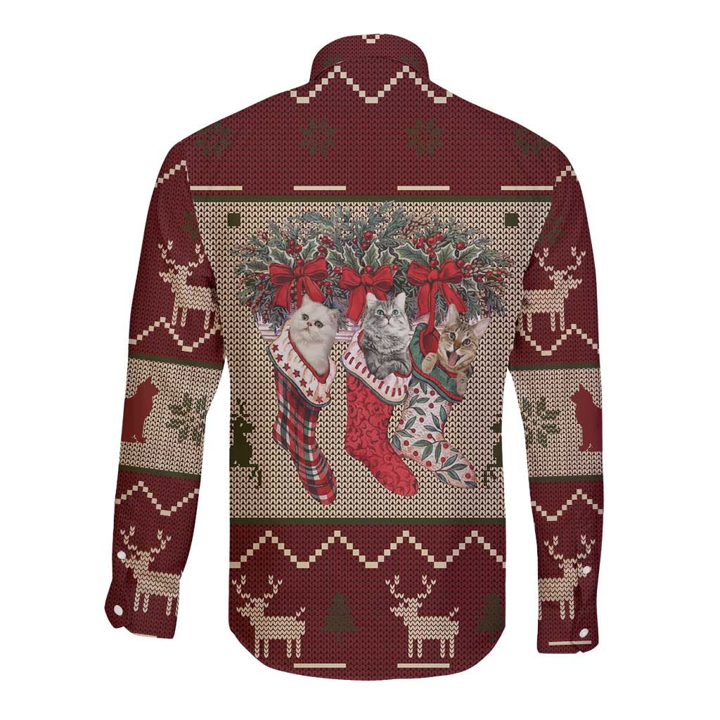 Cat And Sock Christmas Long Sleeve Button Shirt Xmas Holiday Patterns - Wonder Print Shop