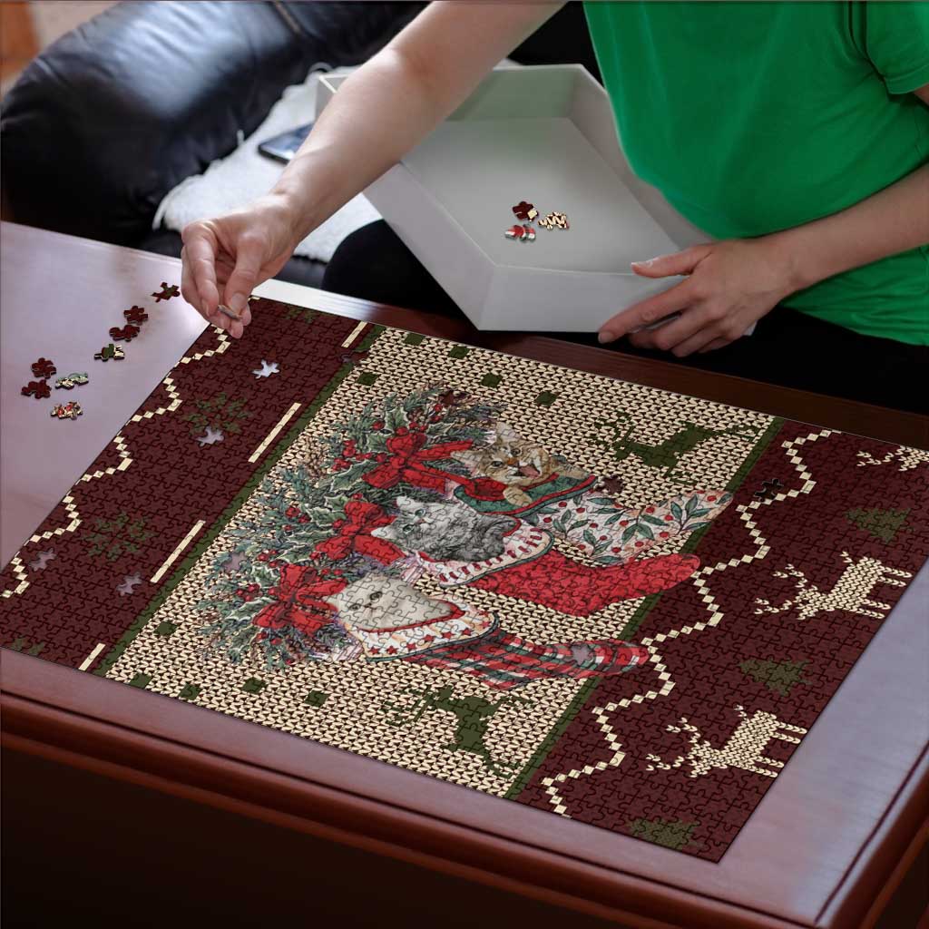Cat And Sock Christmas Puzzle Xmas Holiday Patterns - Wonder Print Shop