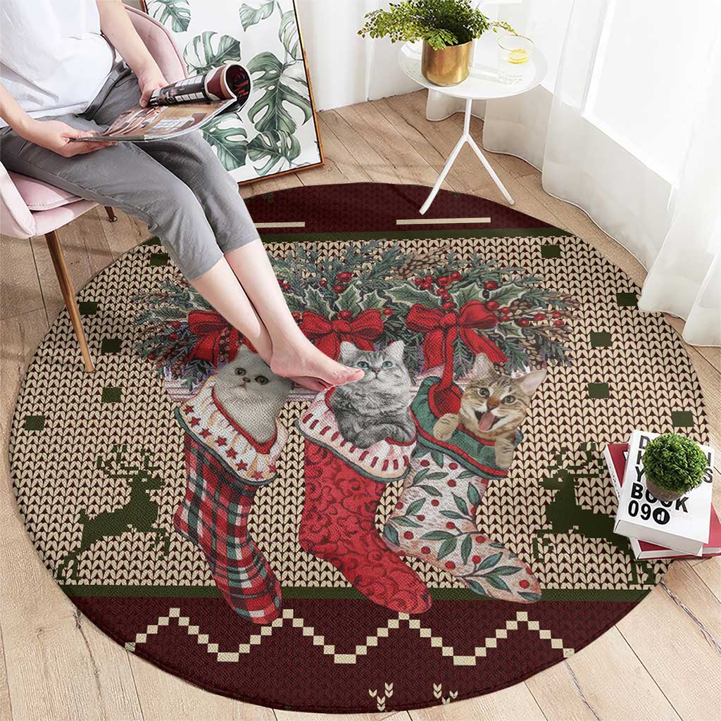 Cat And Sock Christmas Round Carpet Xmas Holiday Patterns - Wonder Print Shop