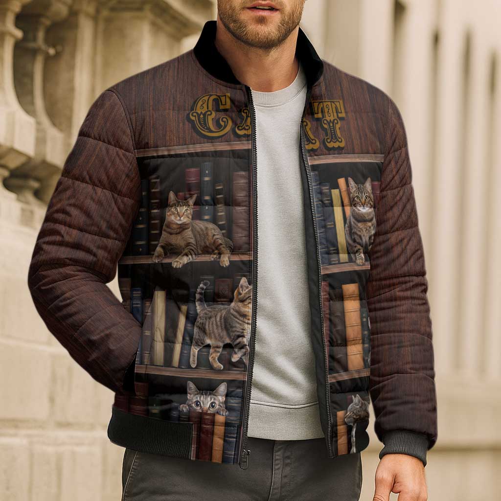 Cat Bookcase Christmas Bomber Puffer Jacket Xmas Holiday Patterns - Wonder Print Shop
