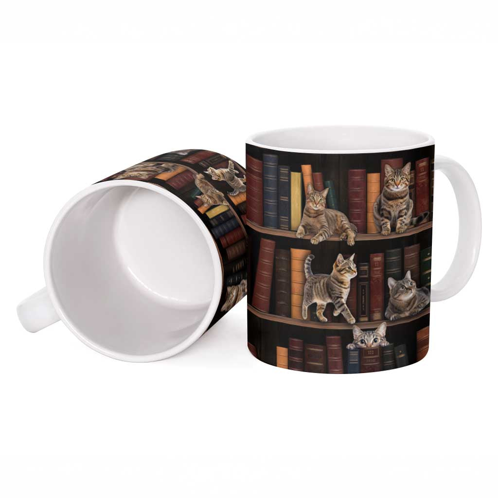 Cat Bookcase Christmas Ceramic Mug Xmas Holiday Patterns - Wonder Print Shop