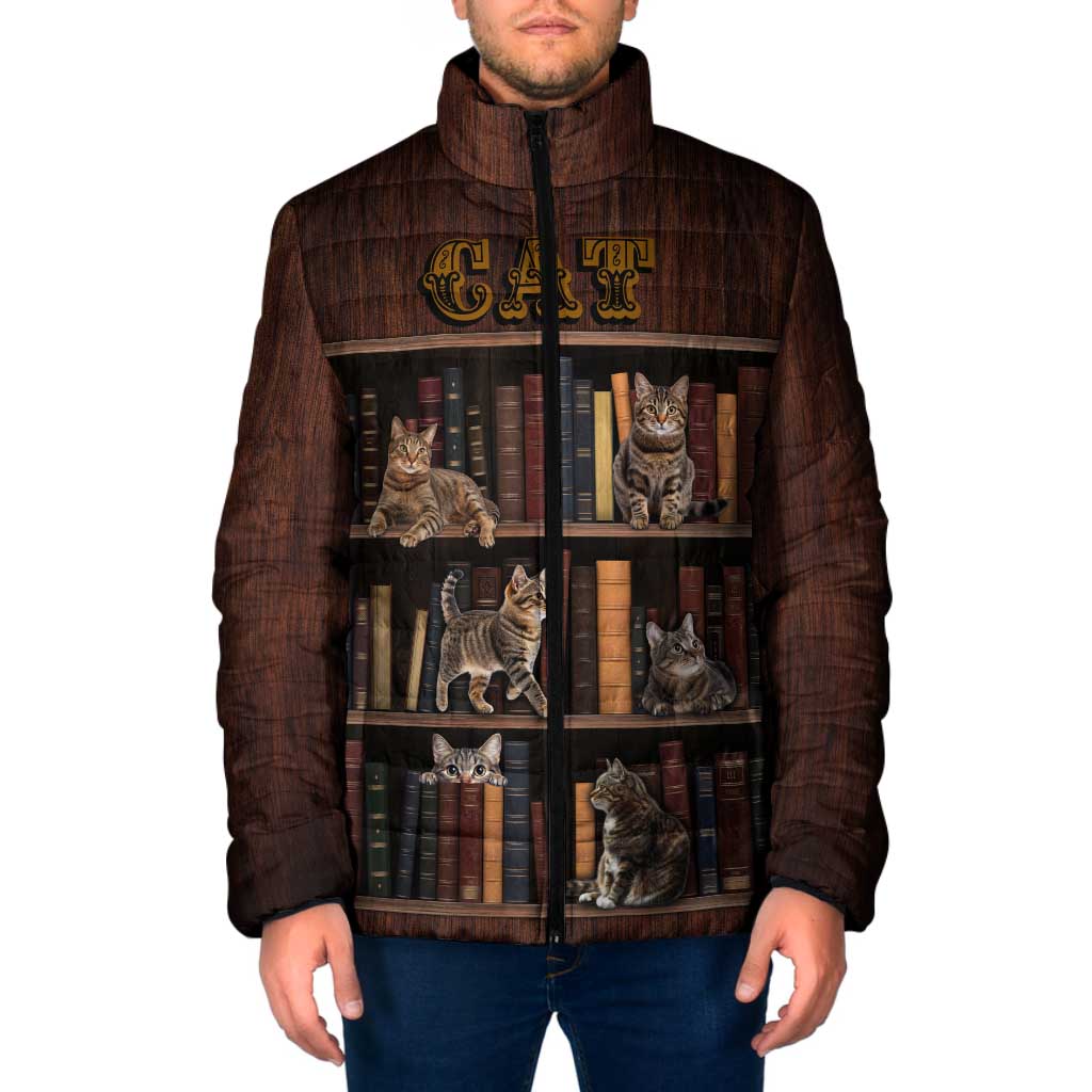 Cat Bookcase Christmas Padded Jacket Xmas Holiday Patterns - Wonder Print Shop