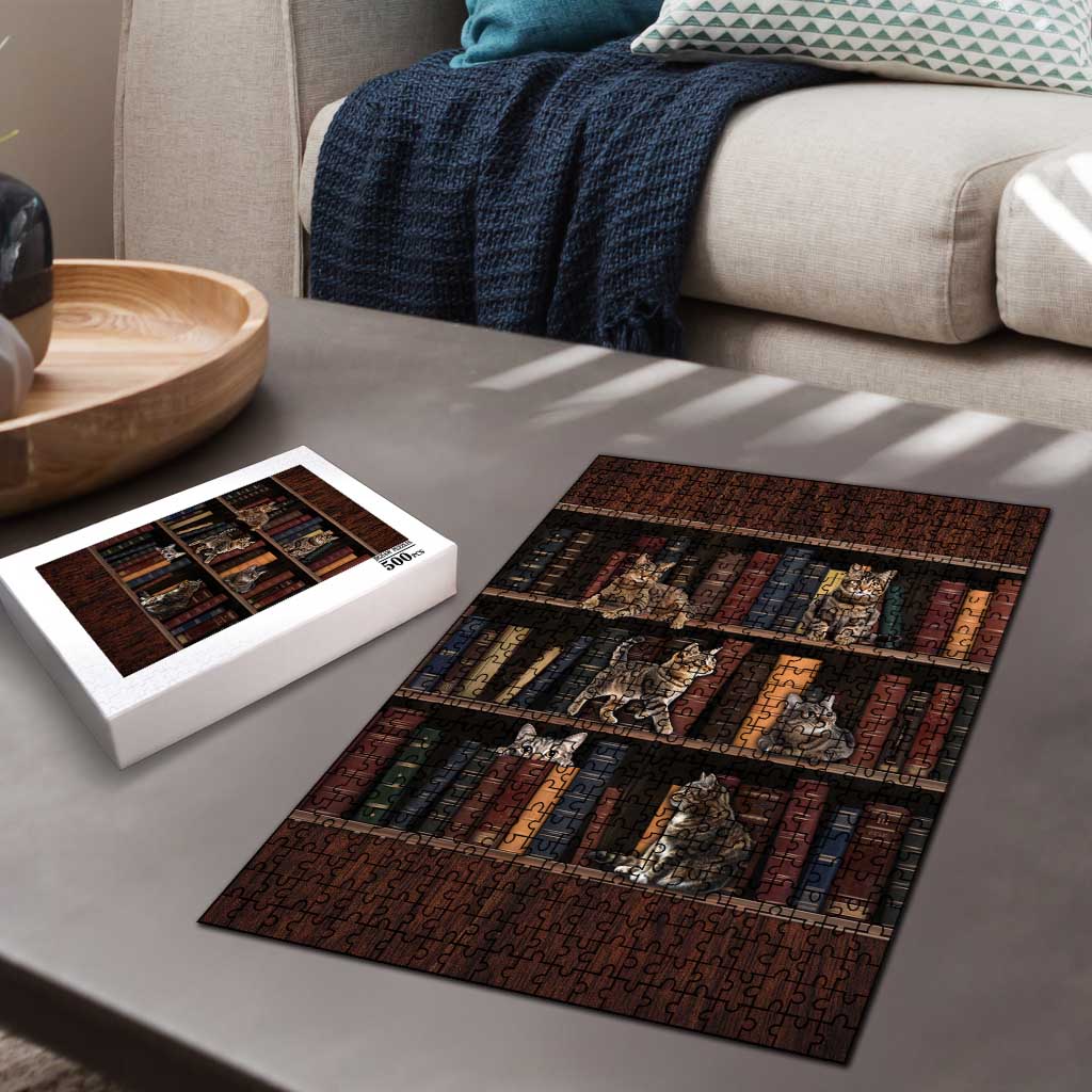 Cat Bookcase Christmas Puzzle Xmas Holiday Patterns - Wonder Print Shop