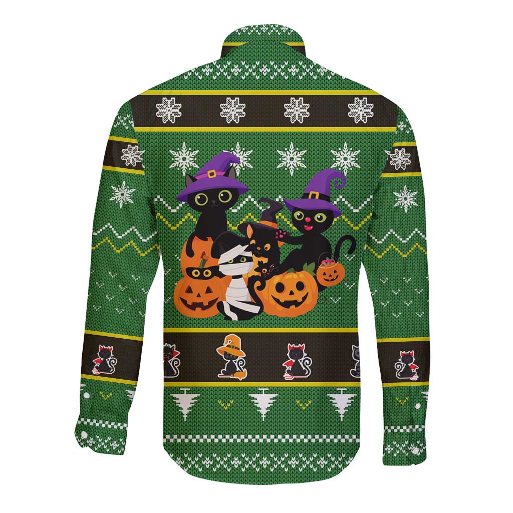 Cat Cute Witcher Noel Christmas Long Sleeve Button Shirt Xmas Holiday Patterns - Wonder Print Shop