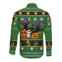 Cat Cute Witcher Noel Christmas Long Sleeve Button Shirt Xmas Holiday Patterns - Wonder Print Shop