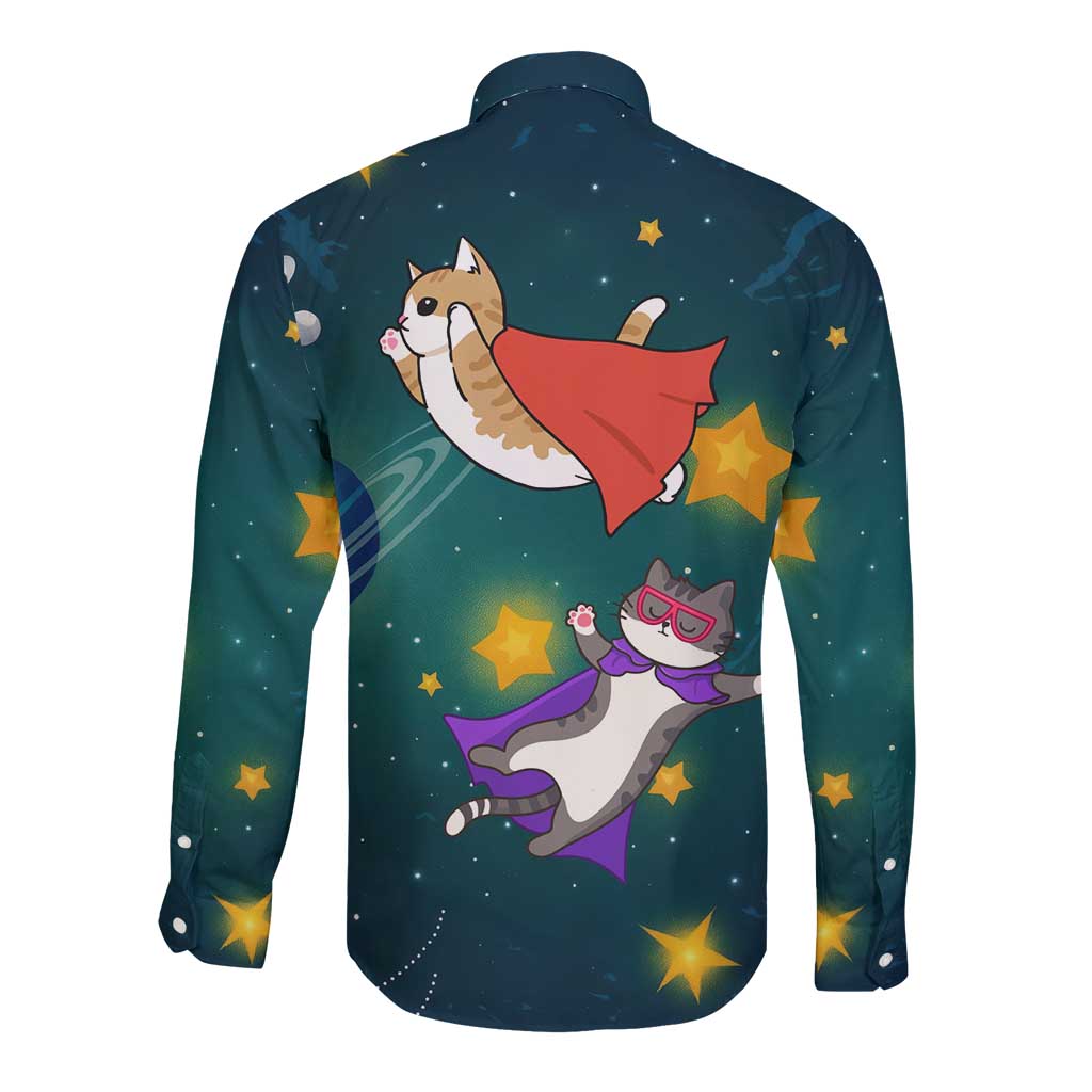 Cat Galaxy Christmas Long Sleeve Button Shirt Xmas Holiday Patterns - Wonder Print Shop